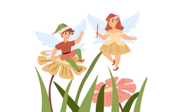 Fairy tale pixie boy and girl flying, flat vector illustration isolated.