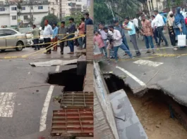 বৃষ্টিতে প্রবর্তক মোড়ে সড়ক দেবে গর্ত